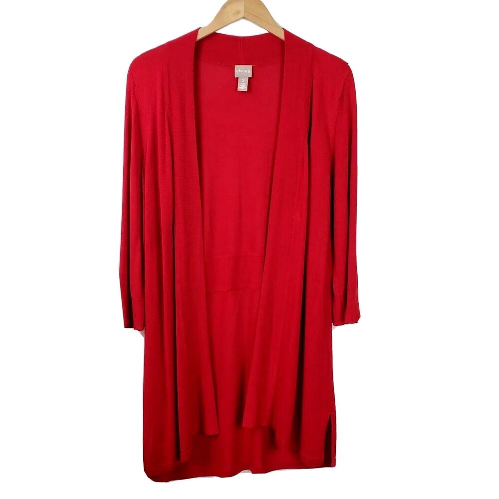 Chicos Women Red Longline Cardigan L Minimalist Classic Career Elegant Holiday